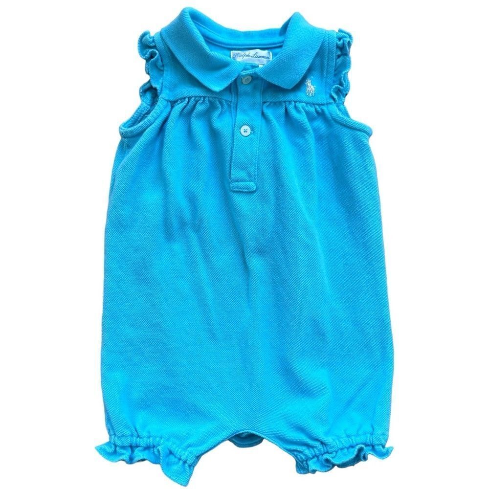 Ralph Lauren Baby Girl Sleeveless Blue Collar One Piece Ruffle Outfit. 6 Months.